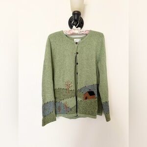 Hand Knit Green Cotton Scenic Embroidered Cardigan Sweater